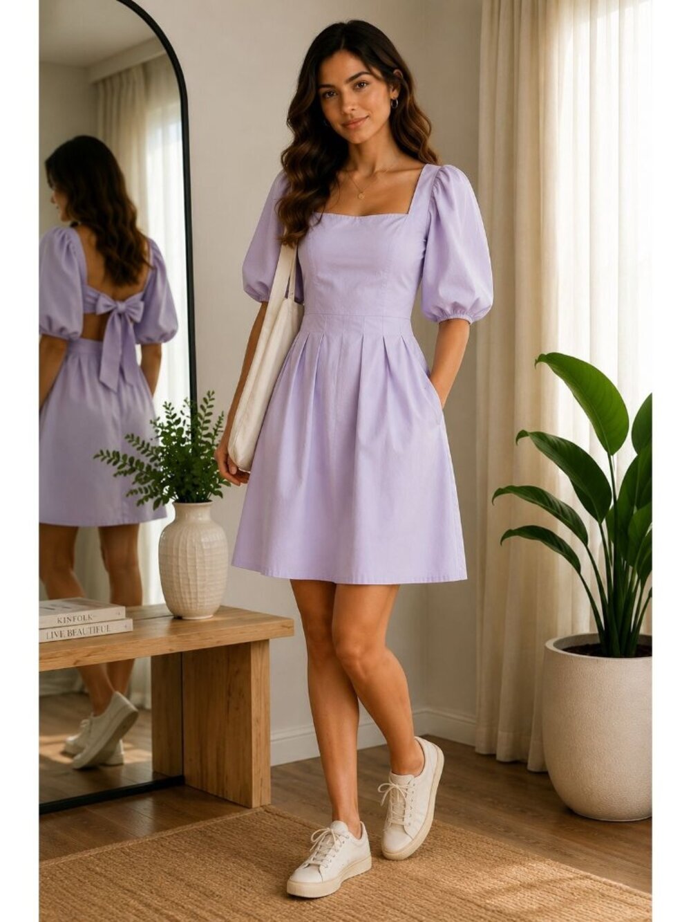 Altar'd State Women's Lavender Puff Sleeve Open Back Mini Dress Size S NWOT